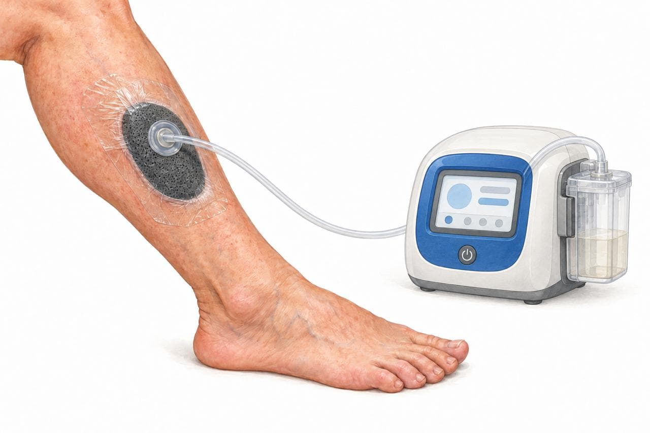 Negative pressure wound therapy device connected to a dressing on a lower leg