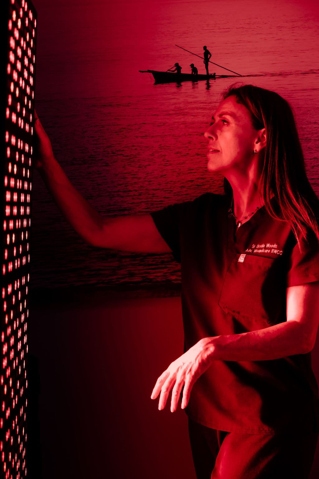 Photobiomodulation red-light treatment panel in use