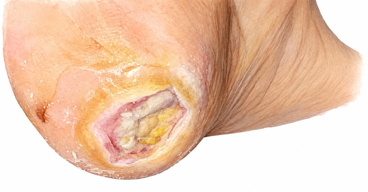 Illustration of a pressure injury on the heel, showing a deep wound bed with sloughy and granulating tissue